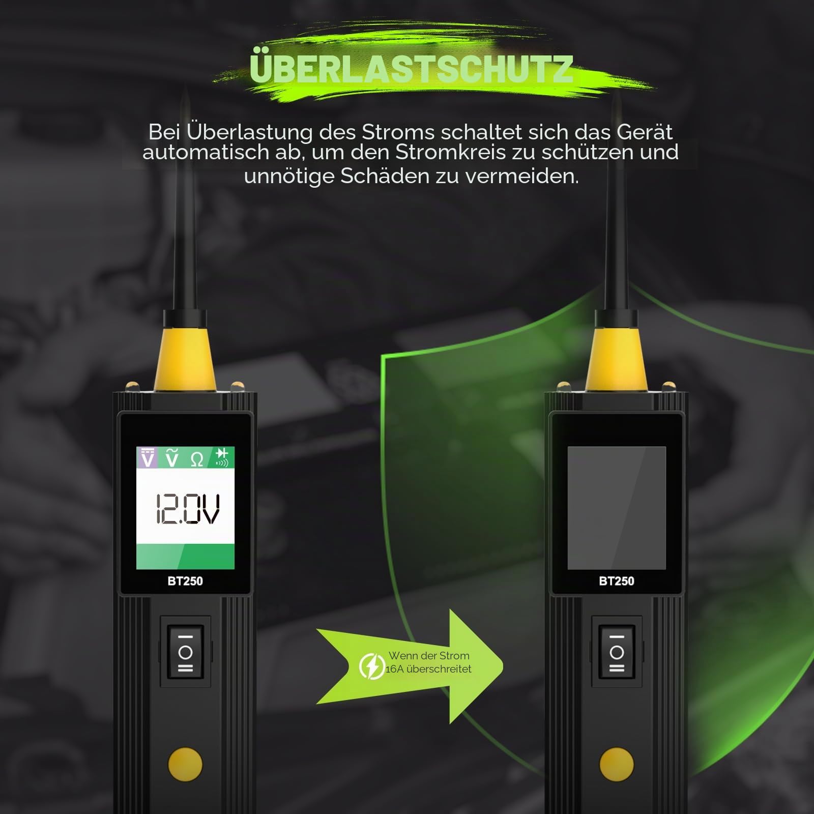 AUTOOL Auto Spannungsprüfer Stift, BT250 Digital Prüflampe kfz, 0V-65V DC/AC Stromprüfer mit Taschenlampe Maßnahmen Polarität Kontinuität für Autos und Motorrädern