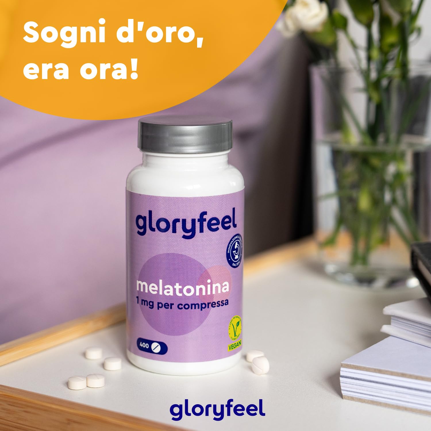 Melatonina per Dormire, Scorta +1 Anno, 400 Compresse, 1 mg per Compressa, per Prendere Sonno e per Fisiologico Rilassamento, Melatonina Forte Pura, Testato in Laboratorio, Vegan
