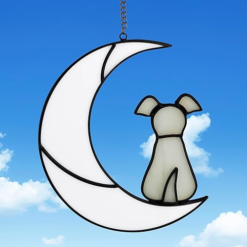 Fnydvis Regalos conmemorativos para perros con vitrales, decoración de perro amarillo en luna blanca, atrapasoles, recuerdo de duelo para los