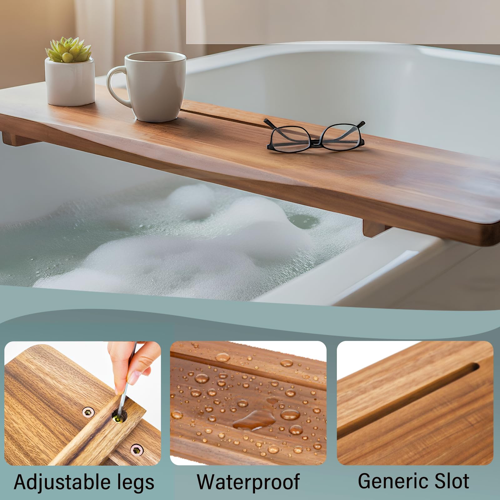 Bandeja de bañera de madera de acacia para bañera independiente, bandeja de baño ajustable de 35 pulgadas para bañera, mesa organizadora de lujo para spa, accesorios de bañera para mujeres