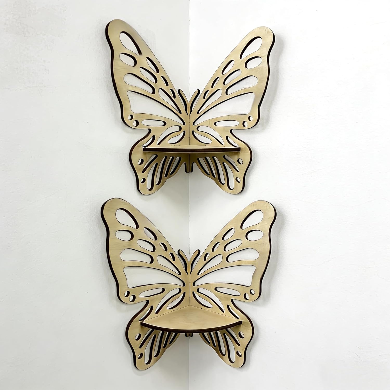 Butterfly Floating Shelves for Wall Corner - Crystal Shelf Display, Boho Witchy Decor Aesthetic for Bedroom, Bathroom, Gift for Women (Rustic Wooden) (White+White)