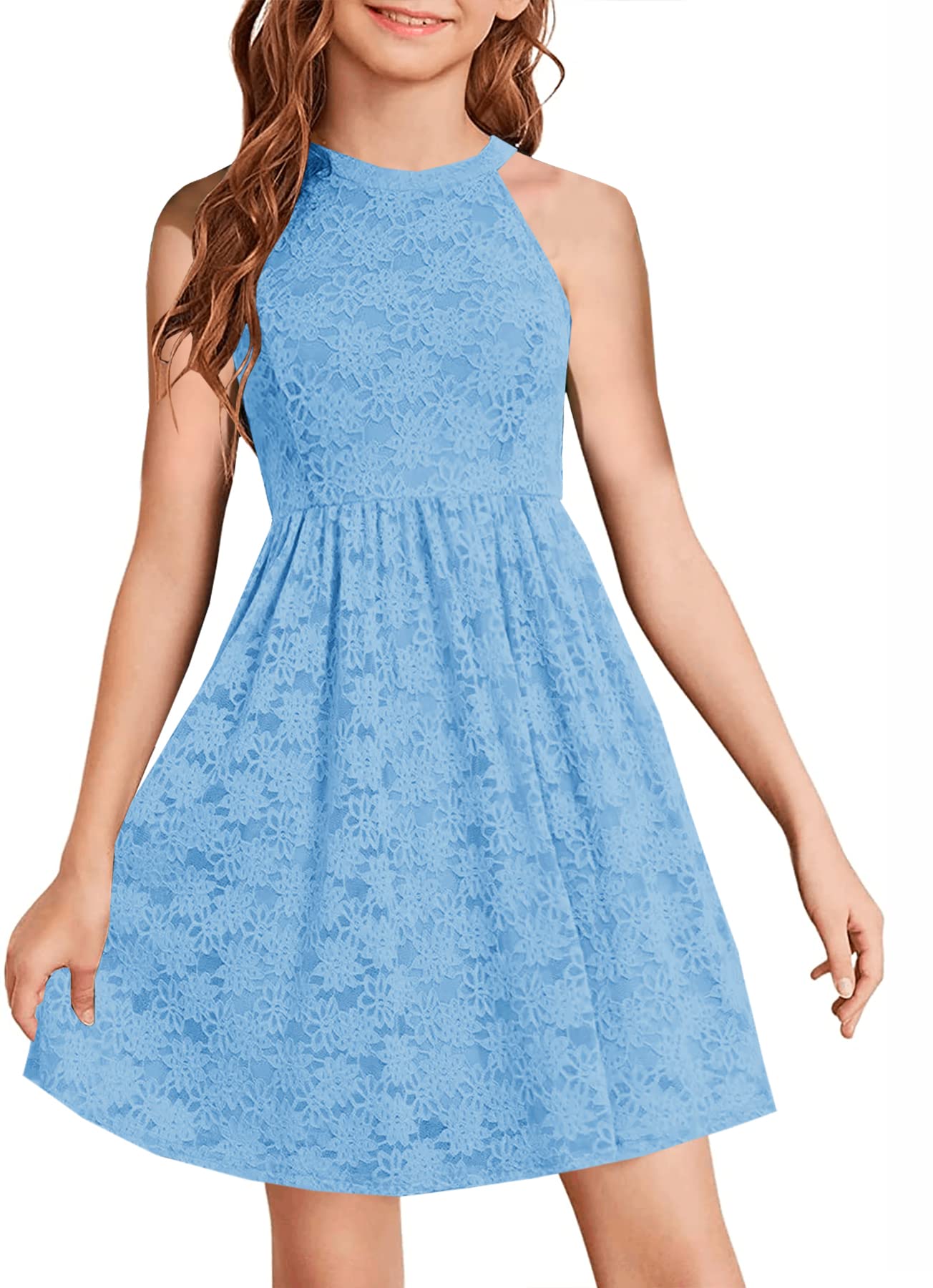 HOSIKA Flower Girl Dress Halter Neck Elegant Floral Lace A-line Party Dress