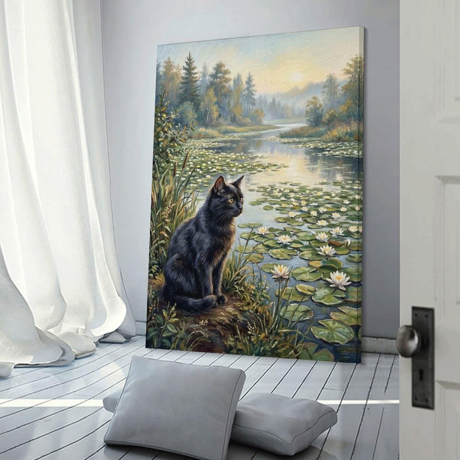 Junmoney Frame-Style-5 Hanging Wall Art Black Cat By A Lily Pond, 08X12inch(20X30cm), For Entryway, Lounge Links Or Small Walls, A Neat Decor Update For Hallways