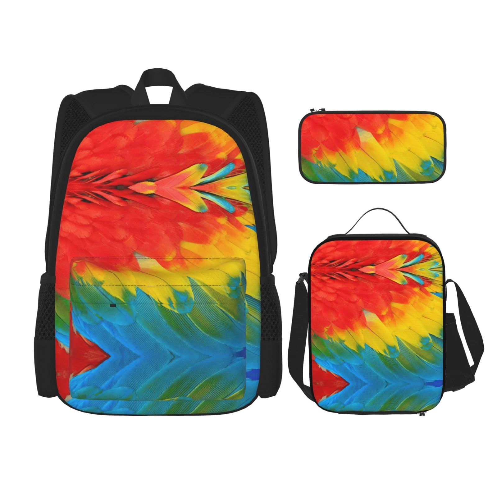 Juego de 3 mochilas escolares con estampado de plumas de loro, gran capacidad, resistente al agua, con bolsa de almuerzo aislada y estuche para lápices, para adolescentes de secundaria