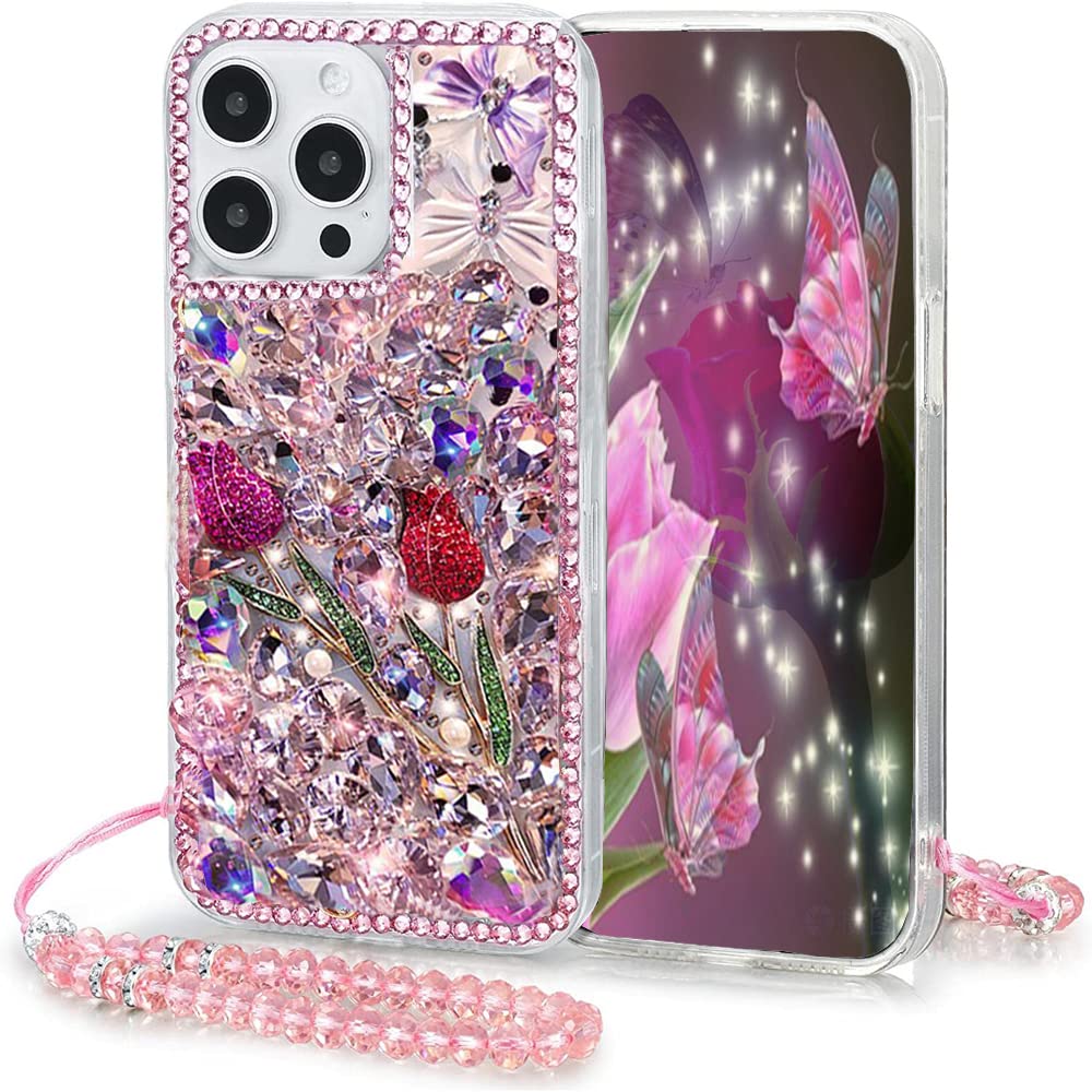 EAST GARDEN Compatible with iPhone 14 Pro 6.1 inch Case for Women Girls 3D Glitter Sparkle Bling Case Luxury Shiny Cute Crystal Charms Rhinestone Diamond Bumper Clear Protective Cases Cover