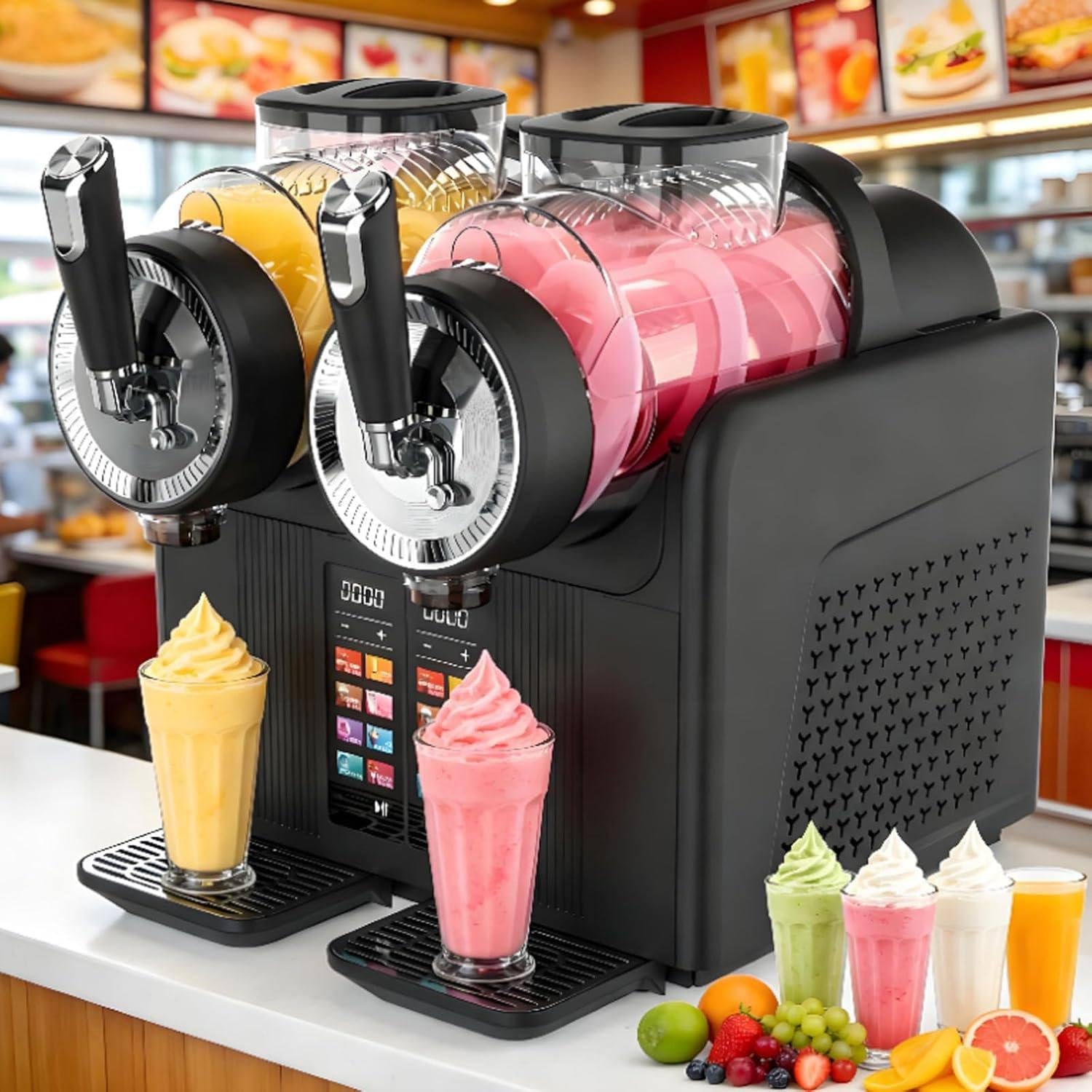 Máquina De Granizados De Doble Ranura, 2 L X 2, No Necesita Hielo, Máquina para Bebidas Congeladas con 7 Programas Preestablecidos, Autolimpieza, Pantalla LED, para Margaritas, Frappés Black