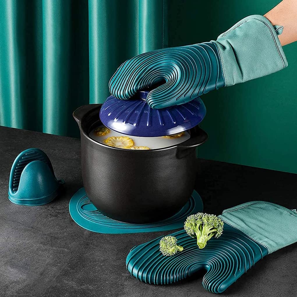AAPIE 5 pièces/Ensemble Mitaines de Four en Silicone Porte-Pot Vert Gants résistants à la Chaleur Mitaines de Four en Caoutchouc pour Grille-Pain Fours à Micro-Ondes
