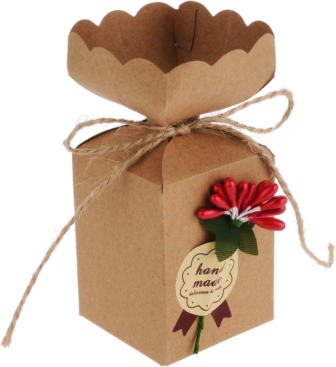 Kmall 50PCS 5 * 5 * 6 cm Brown Kraft Paper Vase Style Red Flower Floral Wedding Gift Candy Sugar Favor Box Cute Decoration High Quality Perfect for Your Bridesmaids Party Guests Baby Shower Birthday