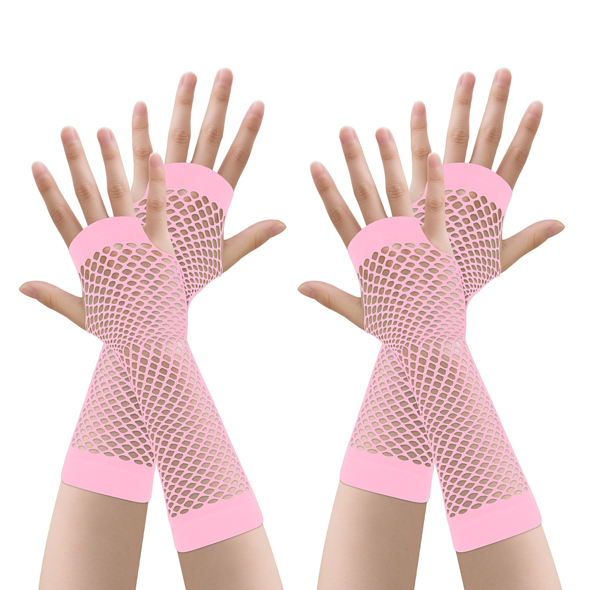 Junart Long-2 Pink 2 Pairs Of Long Fishnet Gloves, 4 Colours Stretchy Fingerless Mesh Gloves For Theme Parties,Performances,Cosplay,Costume Accessories(Pink)
