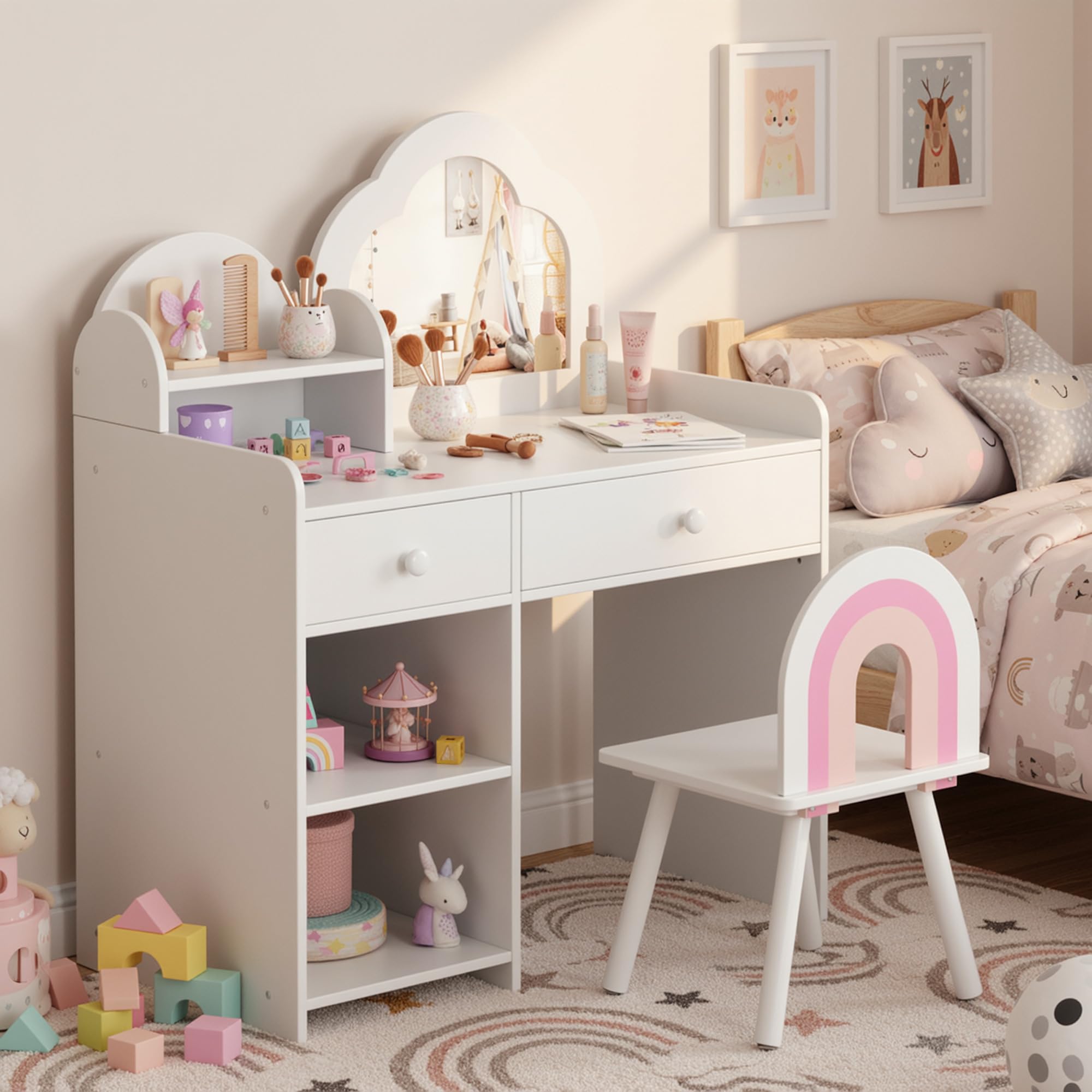Clevich 2 in 1 Toeletta Trucco Bambina, Toeletta per Bambini con Specchio, 2 Cassetti, Armadietti, Scrivania in Legno con Sgabello, per Bambine dai 3-8 Anni (Bianco)