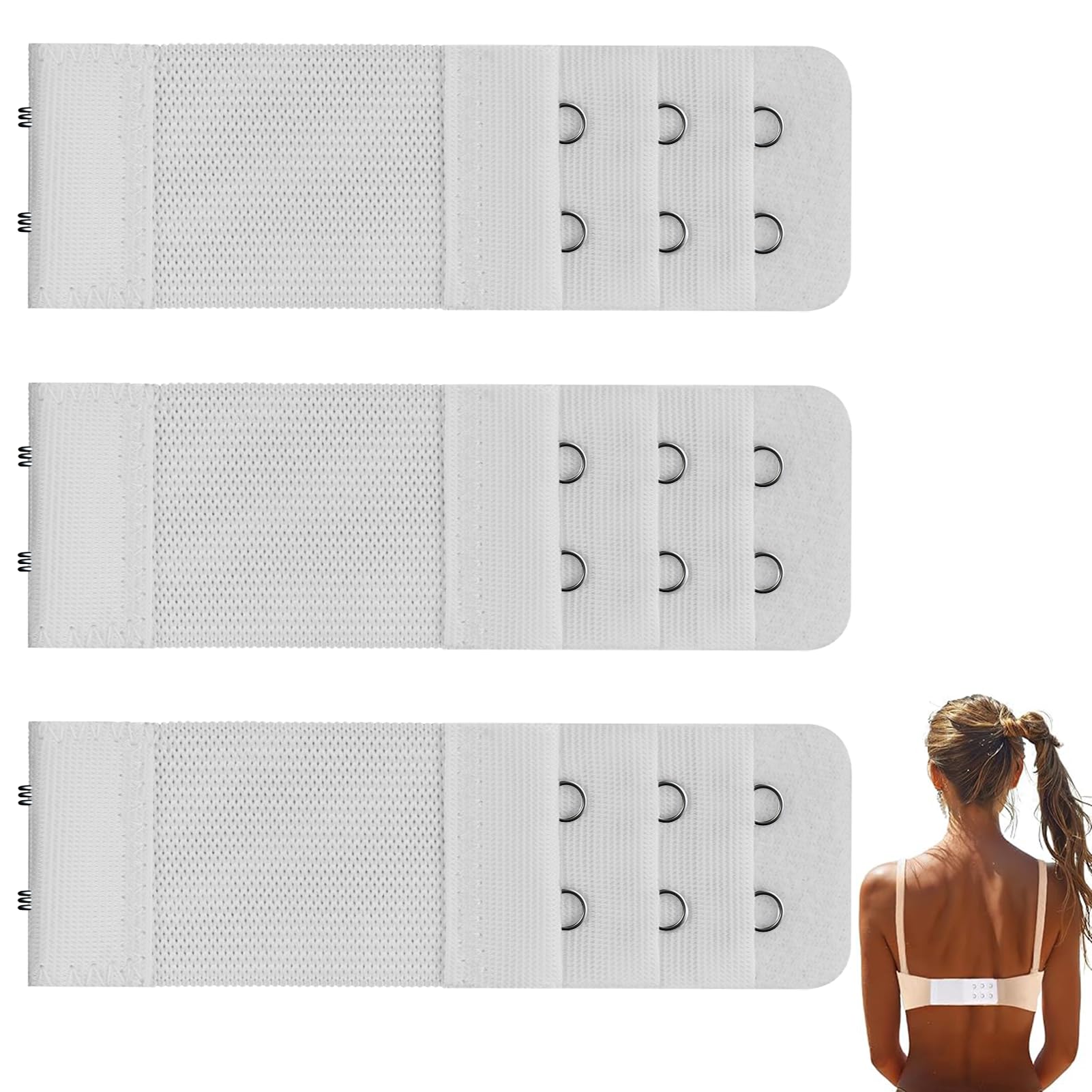Lethiemta Women's White-2 Hook 3Pcs Bra Extenders, Stainless Steel Hook Stretchy Bra Extenders, Soft And Comfortable Bra Strap Extender With 2 Hooks 3 Row Bra Extension For Girls (White-2 Hook)