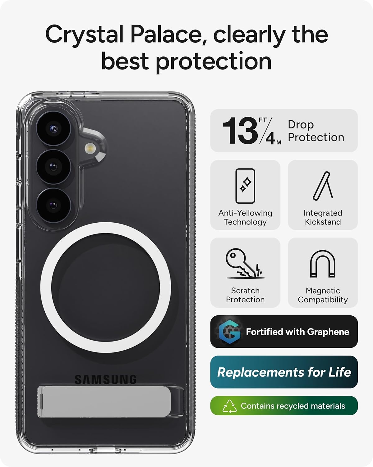 ZAGG Crystal Palace Snap Samsung Galaxy S26 Case with Kickstand - Clear, 13ft Drop Protection with Graphene, Crystal Clear Magnetic Case, Anti-Yellowing Slim Cover