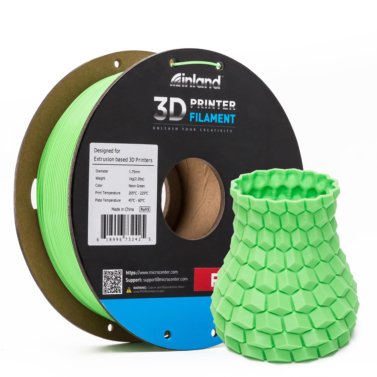 INLAND Micro Center PLA+ 3D Printing Filament 1.75mm - PLA Pro Dimensional Accuracy +/- 0.03 mm - 1 kg Cardboard Spool (2.2 lbs) (1 Pack Neon Green, 1.75mm)