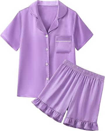 Mikrdoo Girls Pajamas Summer Soft Silk Satin Short Sleeve Cute PJs Sleepwear for Kids 6-16Y