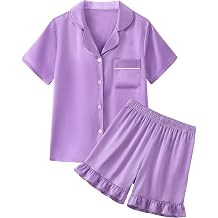 Mikrdoo Girls Pajamas Summer Soft Silk Satin Short Sleeve Cute PJs Sleepwear for Kids 6-16Y