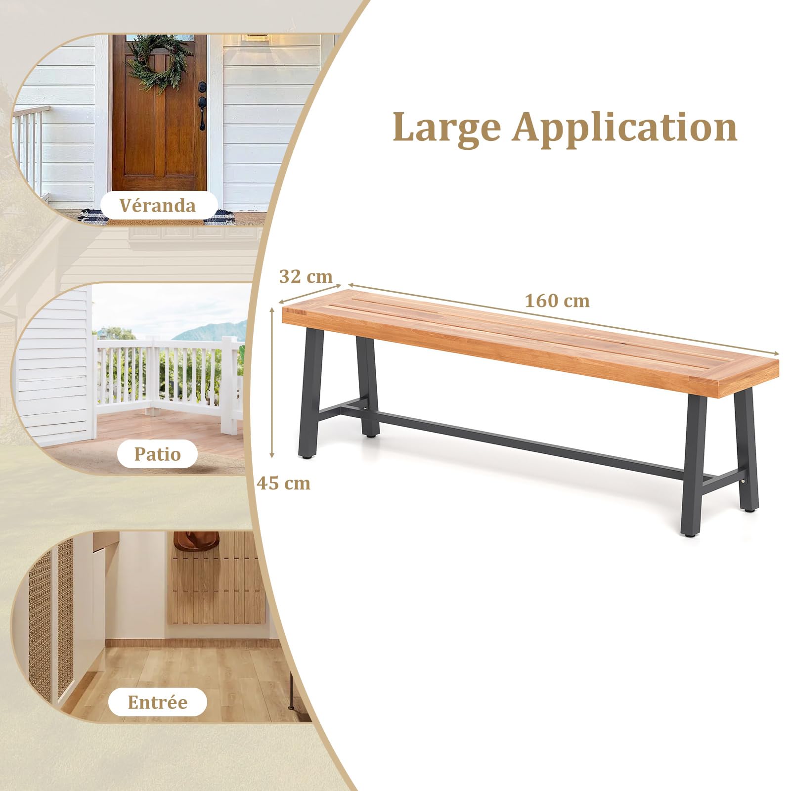 COSTWAY Lot de 2 Banc Exterieur Jardin en Bois d’Acacia, Banc de Jardin à 3 Places, Capacité 360 kg, Coussinets Antidérapants, Pieds en Métal, Banquette pour Cour Porche Terrasse, 160 x 32 x 45 cm