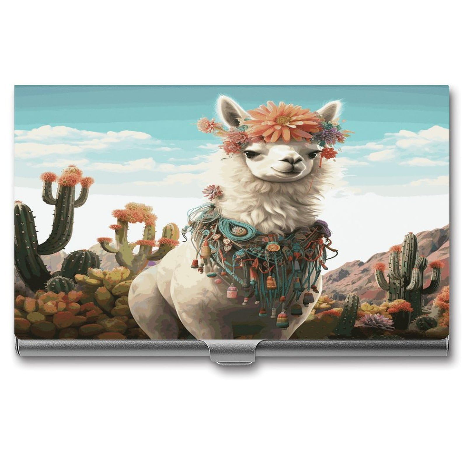LDGSUPH Mexican Llama Cactus Business Card Holder Fashion Slim Name Card Holder Minimalist Design Case Metal Card Carrier Personalized Business Card Case with Flip for Men Women