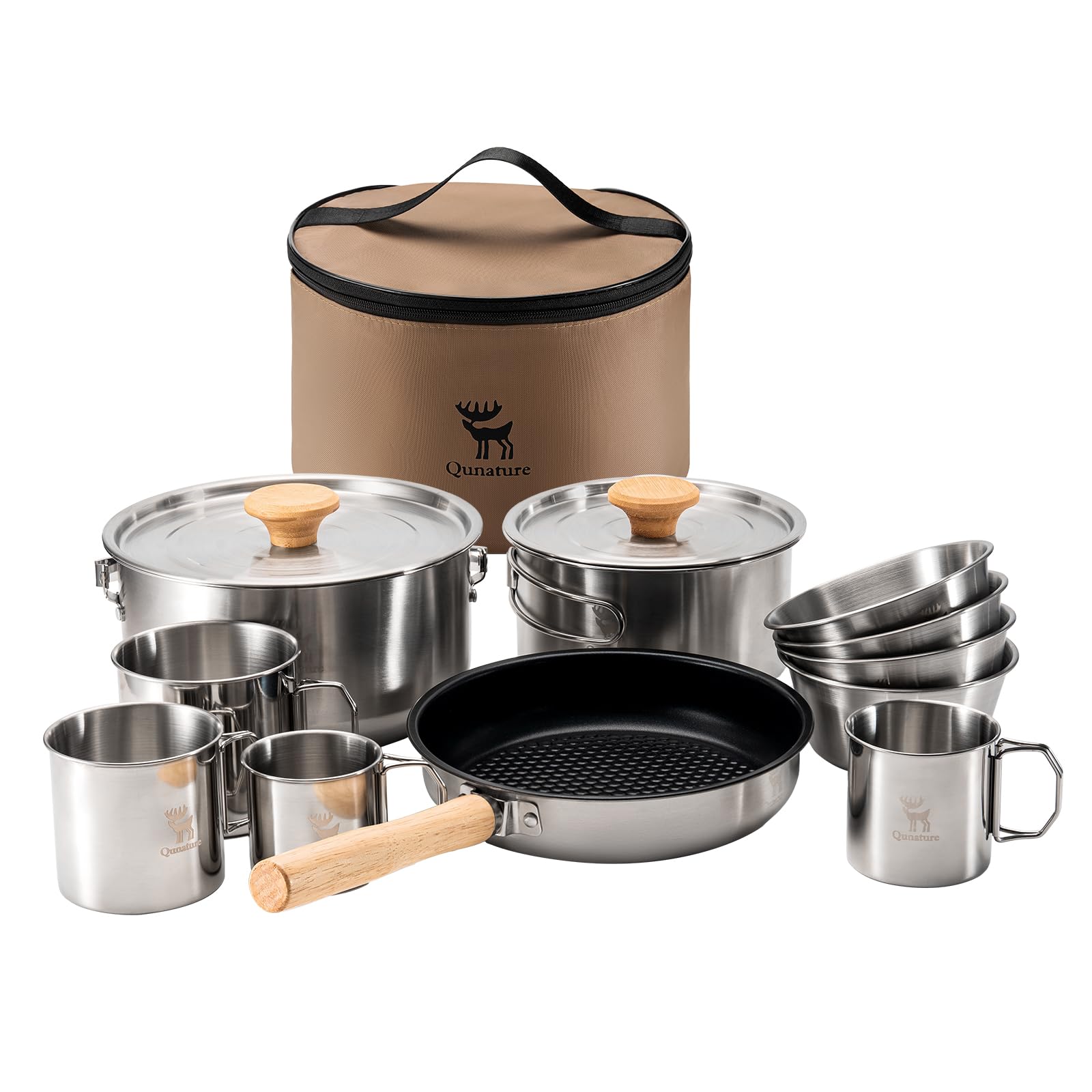 Kit de Utensilios de Cocina para Camping, 11 Piezas Ollas, Sartenes, Tazones y Tazas de Acero Inoxidable, Apilable con Bolsa de Almacenamiento para Senderismo, Acampada y Aire Libre