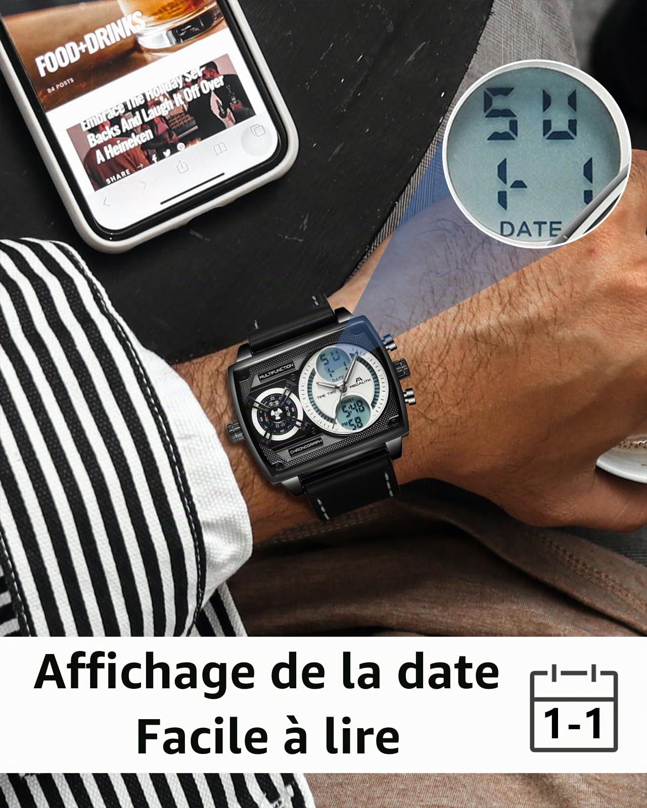 MEGALITH Montre Homme Grand Cadran Carré Design Zone Multi-temporelle Digitale Etanche Analogique Quartz Montre Bracelet Homme Mode