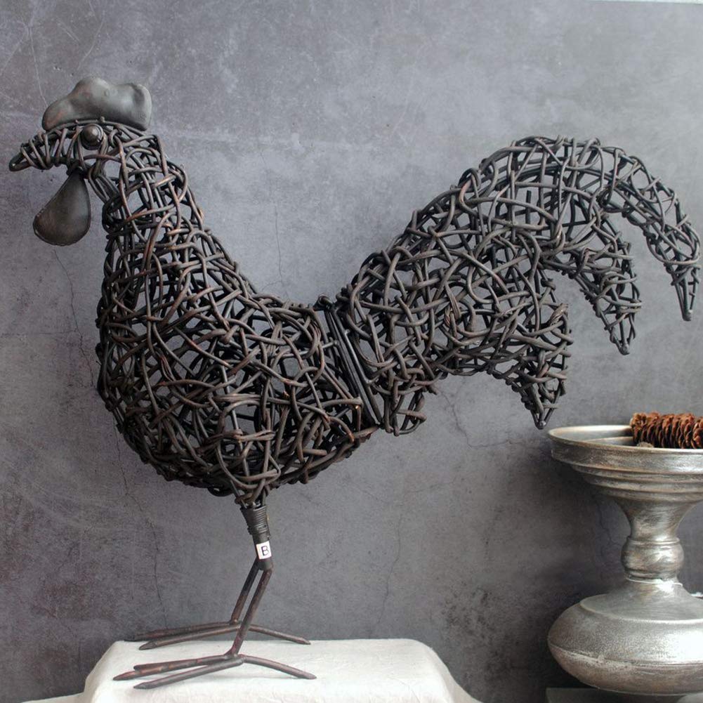 Figurine coq en rotin marron 49cm pour déco jardin extérieur et salon