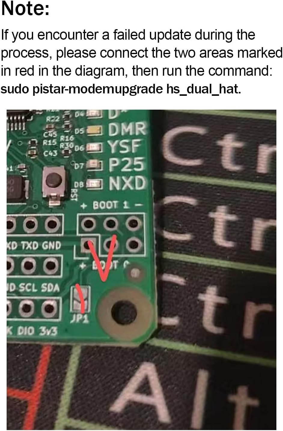 Close-up of the MMDVM board showing the JP1 jumper location for firmware update