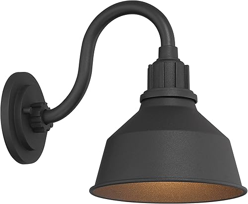 Miniatura 7 de Franklin Iron Works Arnett - Juego de 2 lámparas de pared industriales rústicas para exteriores, brazo de cuello de cisne de metal negro, pantalla