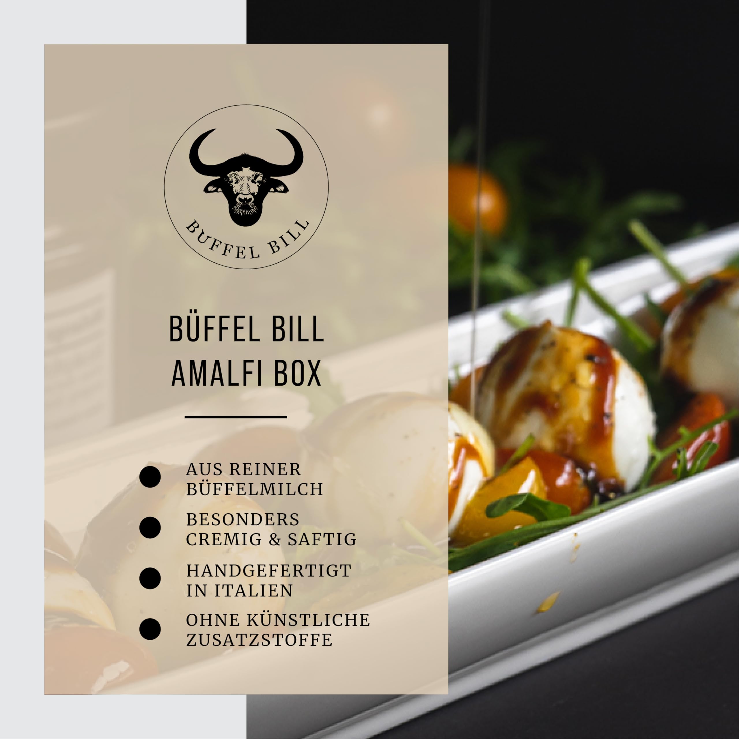 Büffel Bill Amalfi Box I Büffelmozzarella für Genießer I Vom italienischen Wasserbüffel I Mozzarella, Cardinali, Bocconcini I Dazu Olivenöl & Gewürz