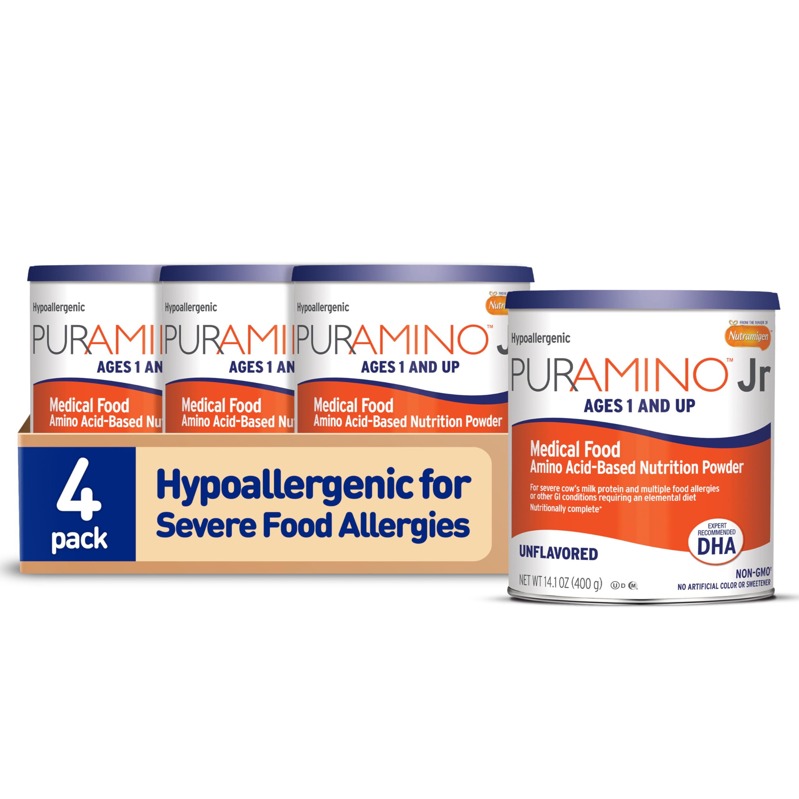 Enfamil PurAmino Junior Hypoallergenic Toddler Drink, for Severe Food Allergies, Omega-3 DHA, Iron, Immune Support, Unflavored Powder Can, 14.1 Oz (4 Count)