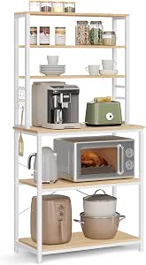 VASAGLE - - VASAGLE Bakers Rack with Charging Station, Coffee Bar, 15.7 x 31.5 x 71 Inches, Kitchen Microwave Stand, Adjustable Storage Shelves, Fabric Drawer, 12 Hooks, Golden Oak and Cloud White UKKS015Y03 VASAGLE - - VASAGLE Bakers Rack with Charging Station, Coffee Bar, 15.7 x 31.5 x 71 Inches, Kitchen Microwave Stand, Adjustable Storage Shelves, Fabric Drawer, 12 Hooks, Golden Oak and Cloud White UKKS015Y03