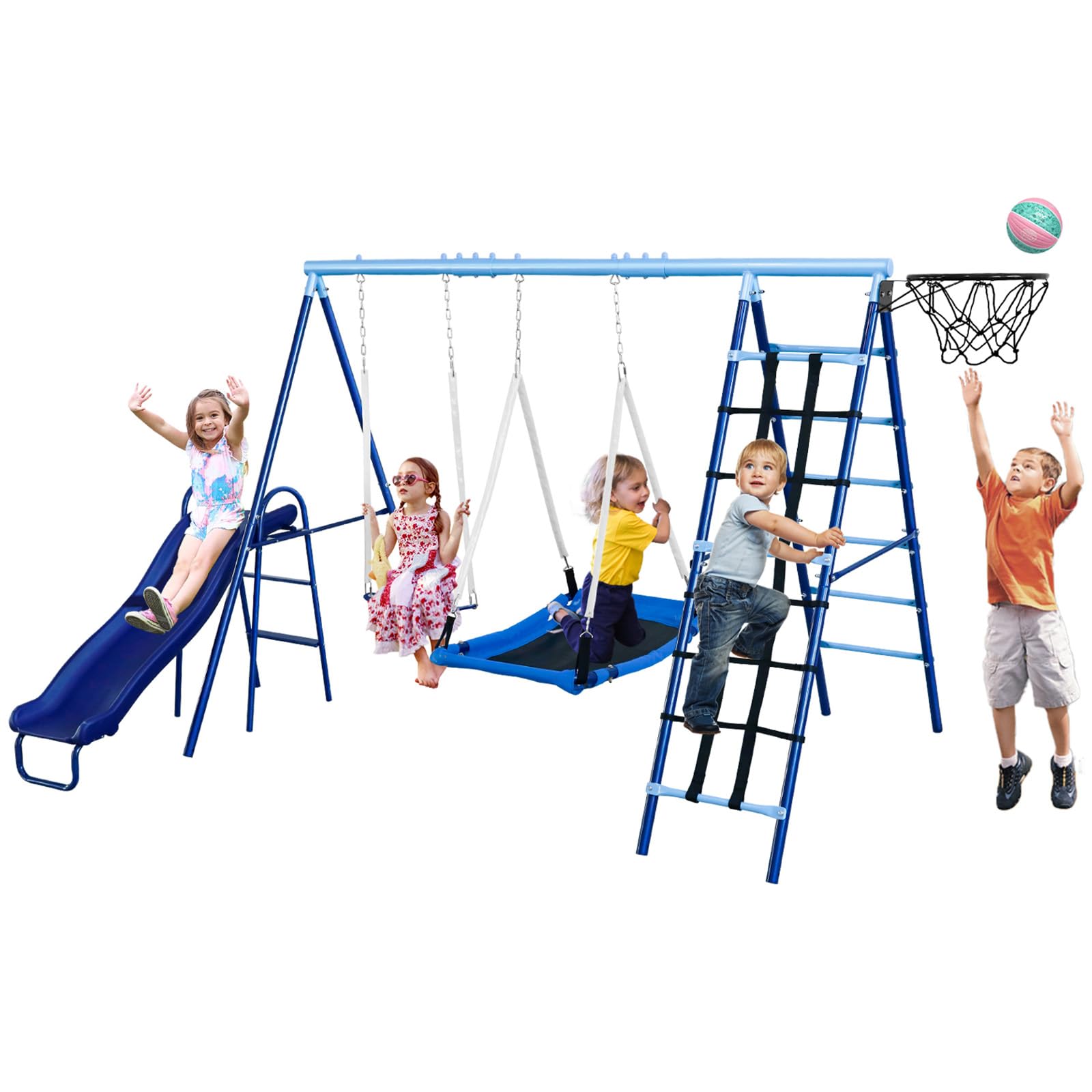 JYGOPLA 6-in-1 Kids Swing Set for Backyard, Ages 4-12, 600lbs Capacity with Slide, Climbing Net & Basketball Hoop, Heavy-Duty A-Frame Metal Stand, 6