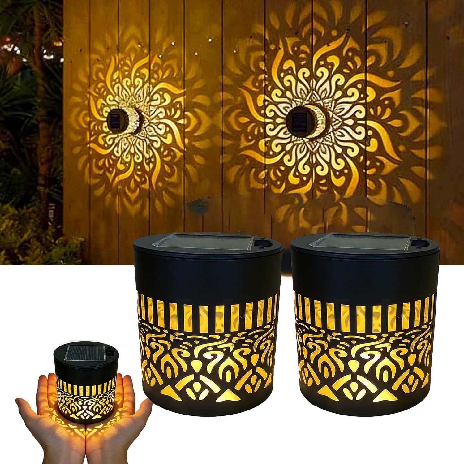 Solar Mandala Wall Lights, Seven-Color Waterproof Solar Projector Lights Outdoor, Outdoor Hanging & Tabletop Garden Wall Decorations Mandala Projector Light, for Patio Garden Yard (2 Pcs)