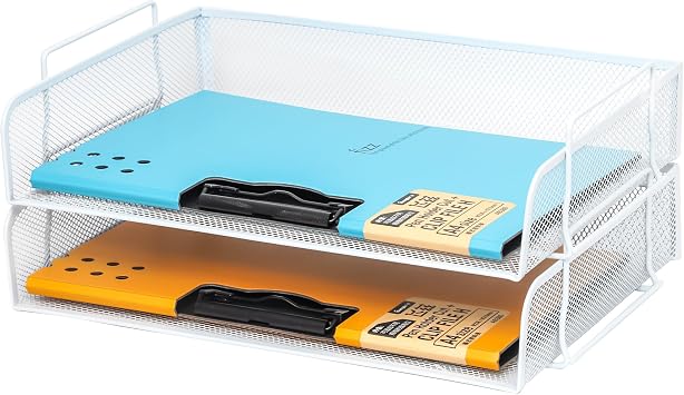 EASEPRES 2 Pack Stackable Desk Paper Tray, Metal Mesh Desktop Document Letter File Organizer for Office Home School, 13.5 L x 9.75 W x 5.5 H, White