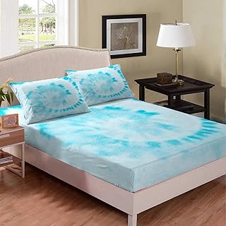Erosebridal Teal Tie Dye Fitted Sheet Spiral Leopard Print Pattern Bedding Set Watercolors Brushstrokes Mottled Messy Sheet Set for Kids Boys Girls Teens Adult Ultra Soft Decorative Room Full Size