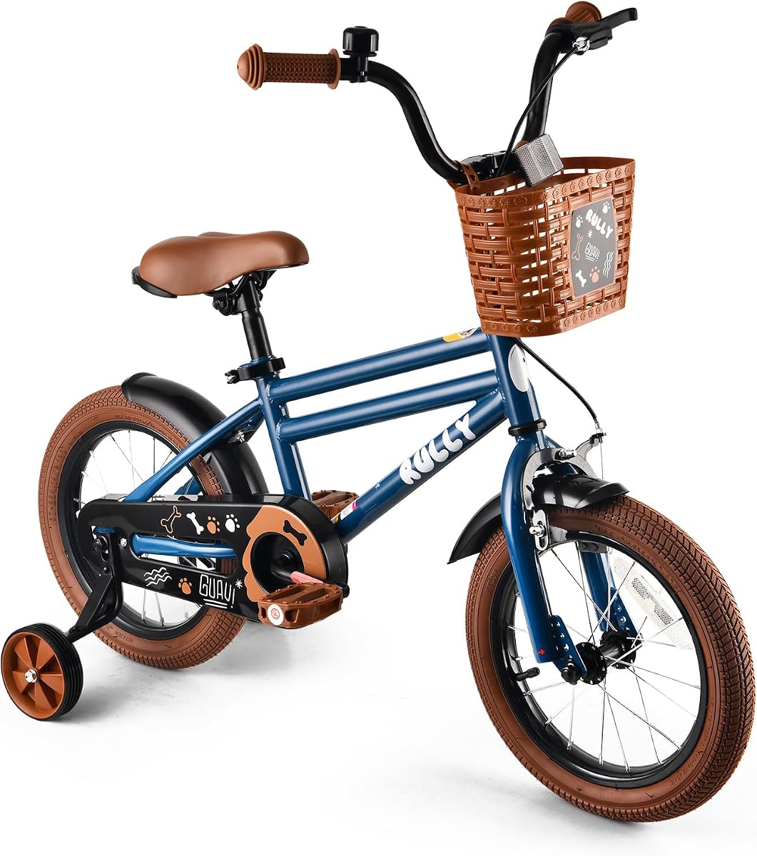 RULLY Bicicleta para niños de 2 a 6 años, 12, 14, 16 pulgadas, bicicleta para niños pequeños con ruedas de entrenamiento, freno de contrapedal y freno de mano y canasta delantera (azul negro verde)