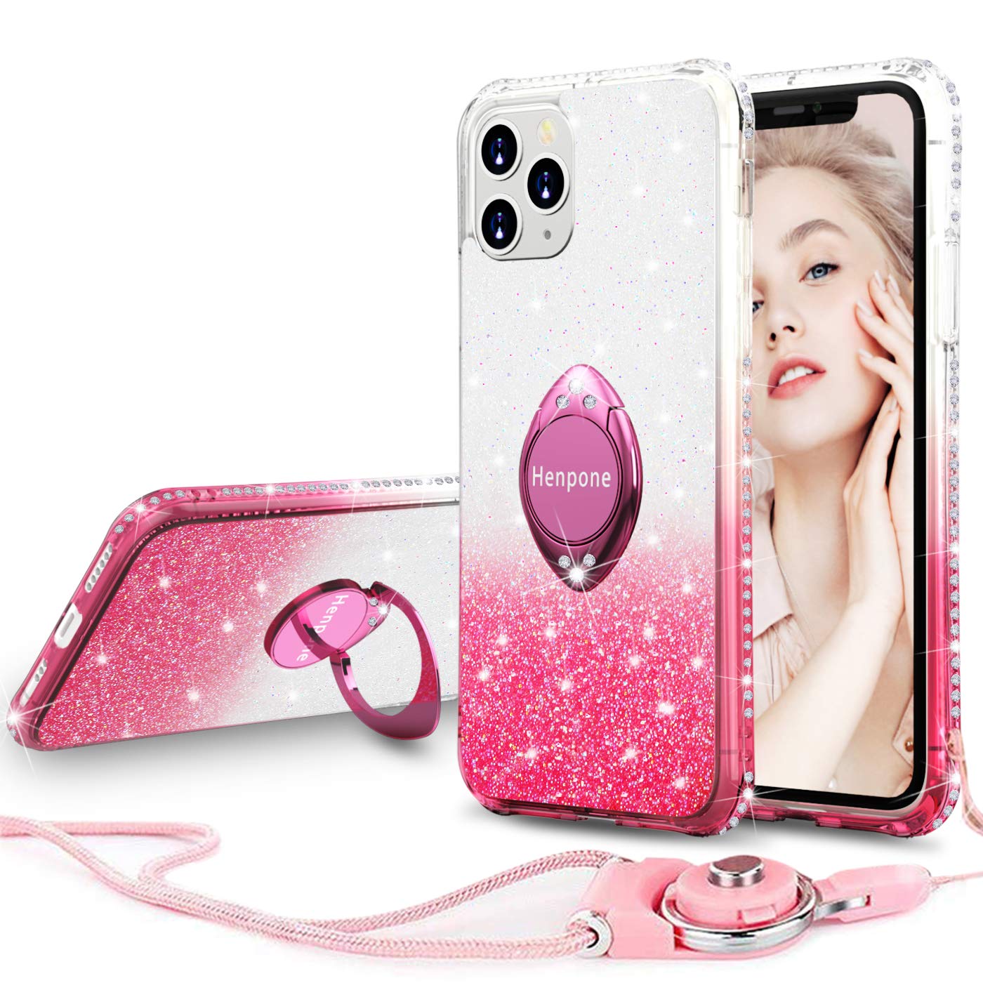 iPhone 11 Pro Max Glitter Case with Ring Kickstand Protective Phone Cover Sparkly Shiny Bling Diamond Rhinestone Bumper Cute Girl Women Phone Case for iPhone 11 Pro Max 6.5 inch -Pink Gradient