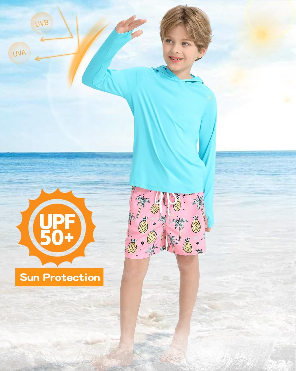 Hotfiary Boys Rash Guard UPF 50+ Long Sleeve Hooded Swim Shirt for 5-14 Years with Thumbhole Pockets for Beach Fishing Hiking - Image 2