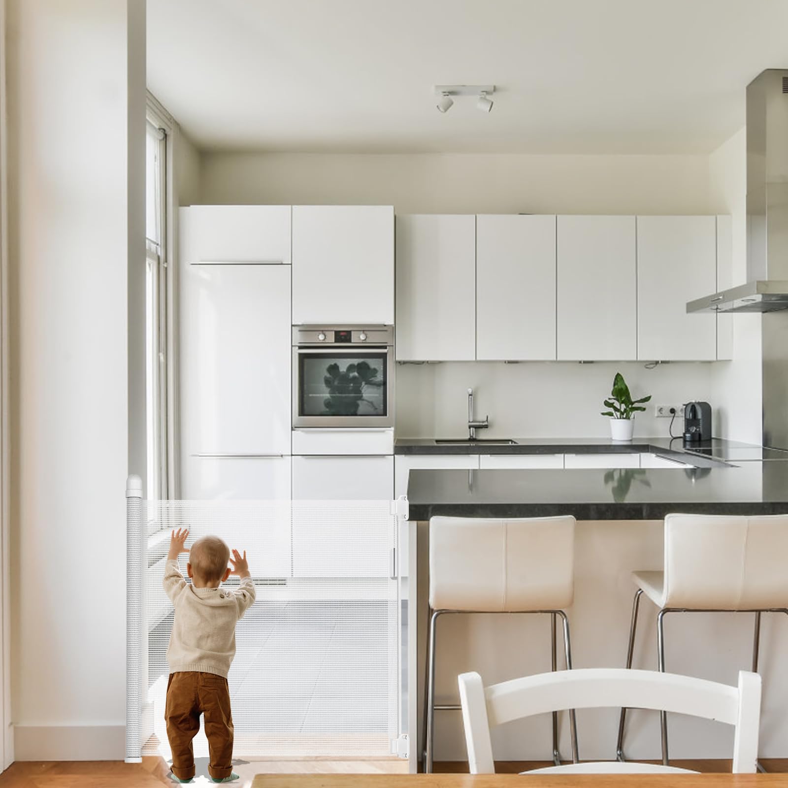 Rejilla de protección para escaleras, extensible para bebés y mascotas, protección para escaleras, puertas, interiores y exteriores (0-180 cm, 87 cm de alto, blanco)