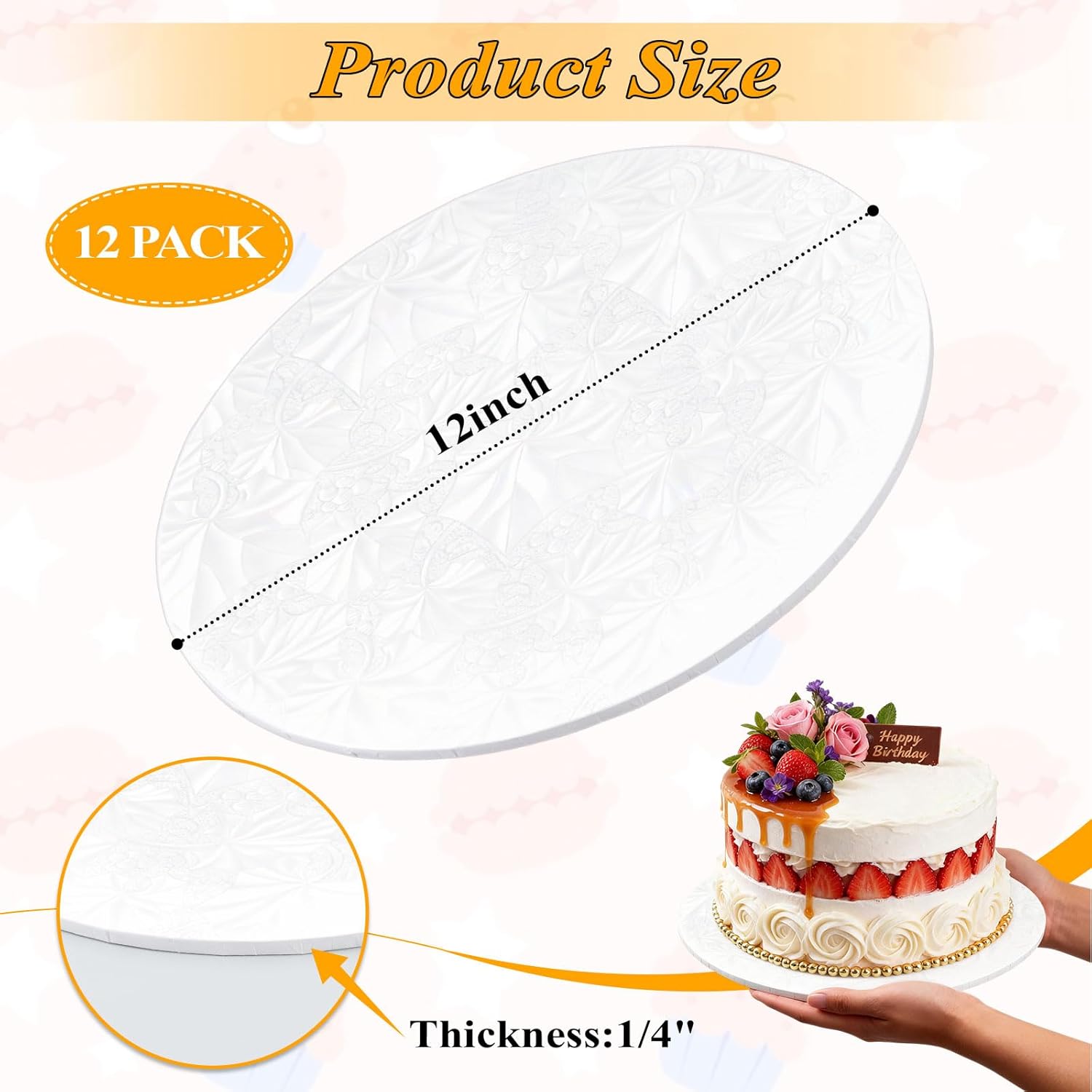 12 Inch Round Cake Boards, 1/4" Thick Cake Drum, 12PCS White Cardboard Cake Bases for Wedding Birthday Party, Oil-Proof Paper Plate Circle Serving Tray para Pasteles Pizza Desserts
