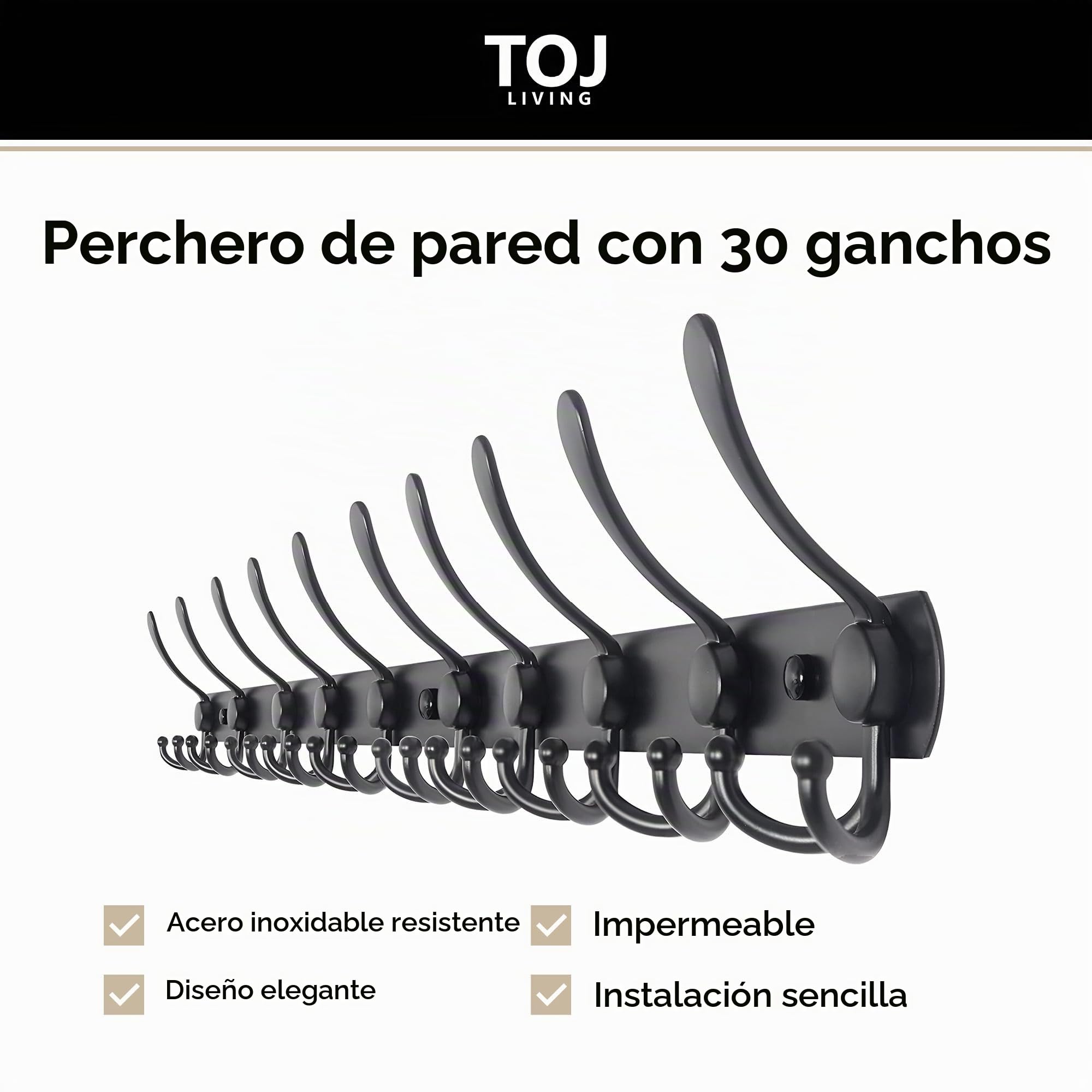 TOJ Perchero de pared con 30 ganchos - Perchero de pared colgante - Perchero - Acero inoxidable - 95CM - Negro Mate