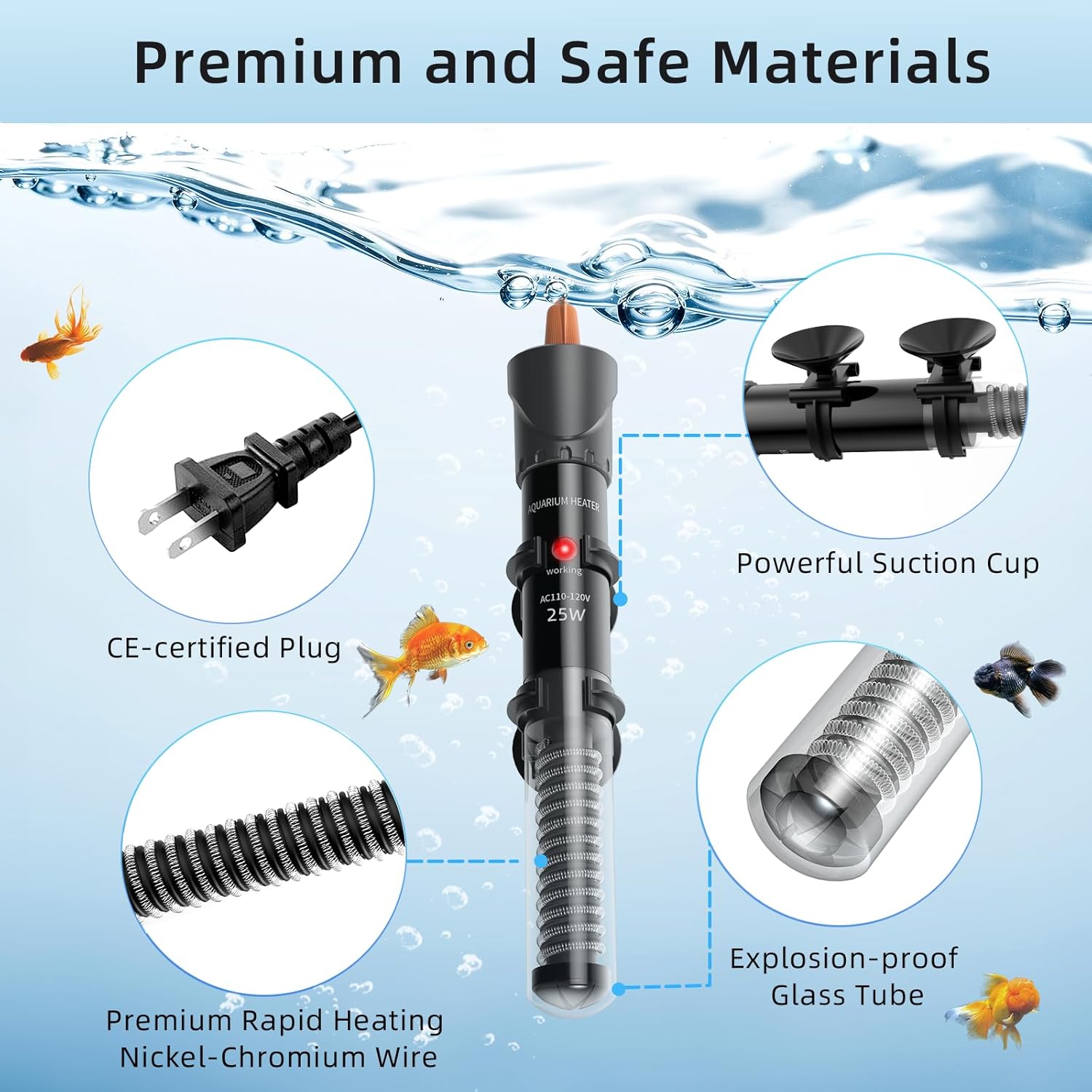 Diagram showing components and materials of the HiTauing Aquarium Heater