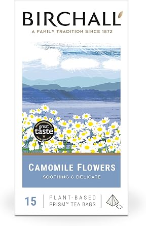 Birchall Tea Bags, Camomile Tea Gift Set, Caffeine Free Tea Bursting with Full Flavour, Perfect Vegan Gifts, 15 Plant-Based Prism Tea Bags