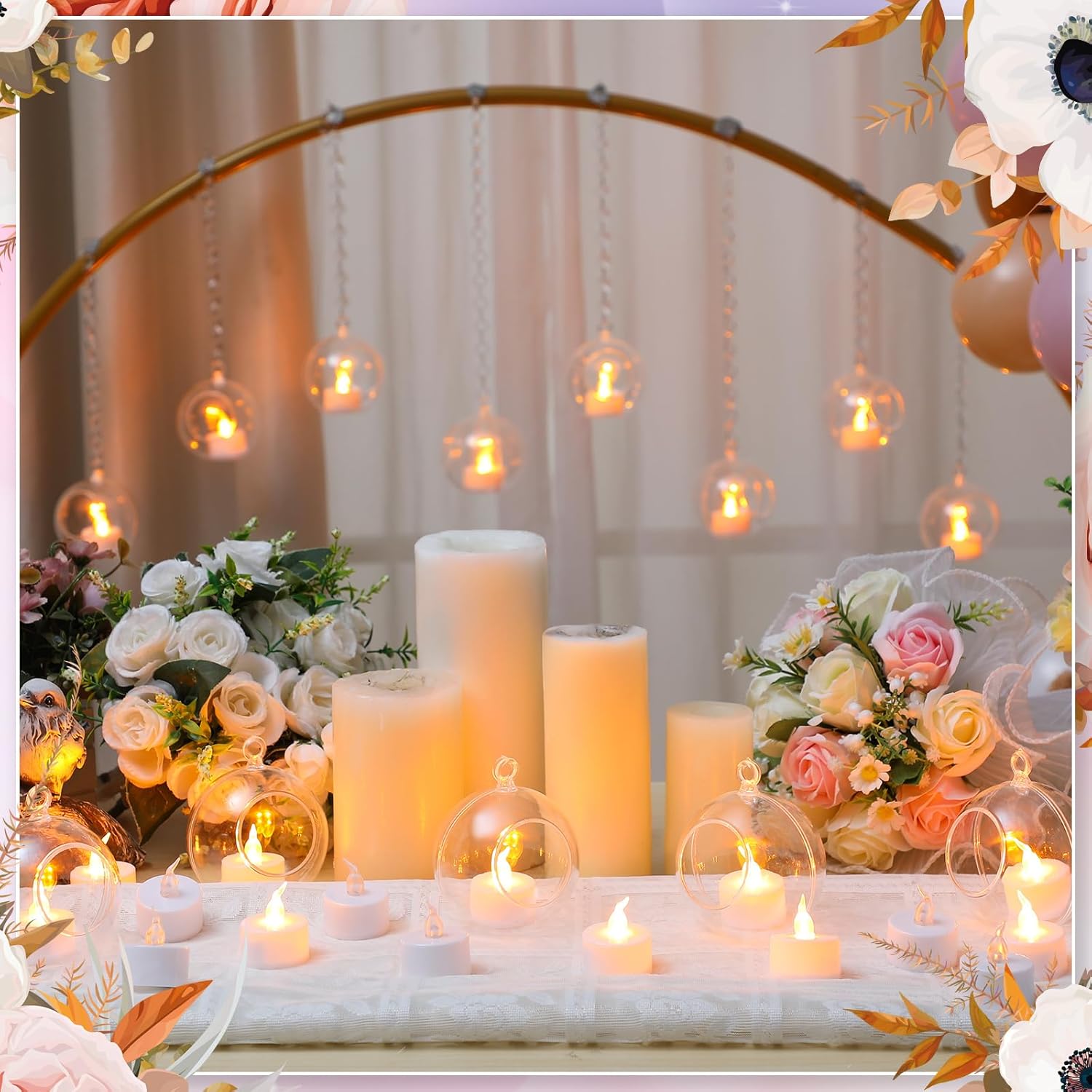 75 Pcs Wedding Hanging Acrylic Globe Tealight Candle Holder 3.15" with Crystal Garland LED Candles for for Indoor Outdoor Backyard Wedding Reception Party Table Centerpieces Decor