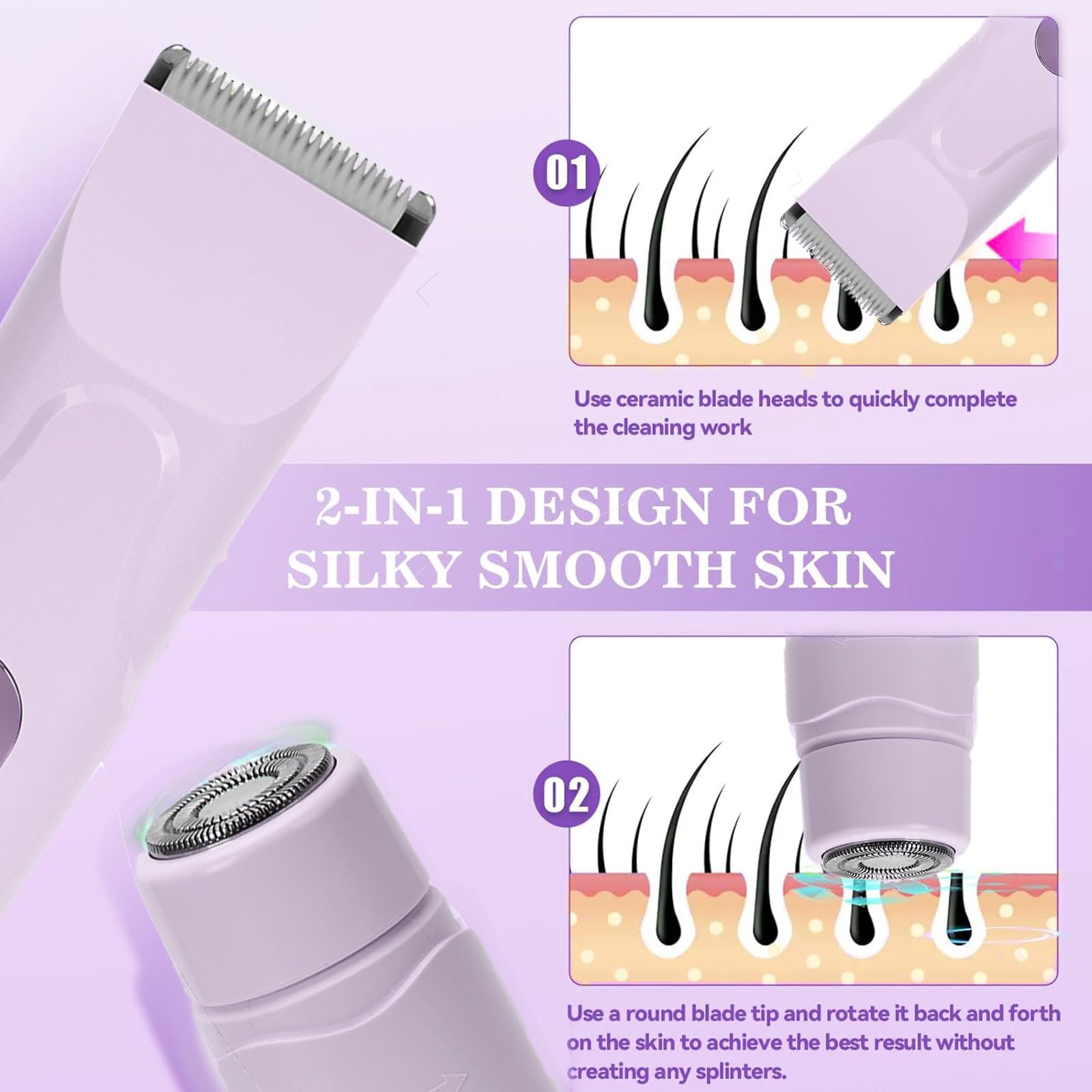 Afeitadora Mujer, Profesional Rasuradora Cortapelos Corporal para Mujer Recortadora, con Recargable USB, luz LED, IPX7 Recortadora Mujer zona Intima (Púrpura) — view 2