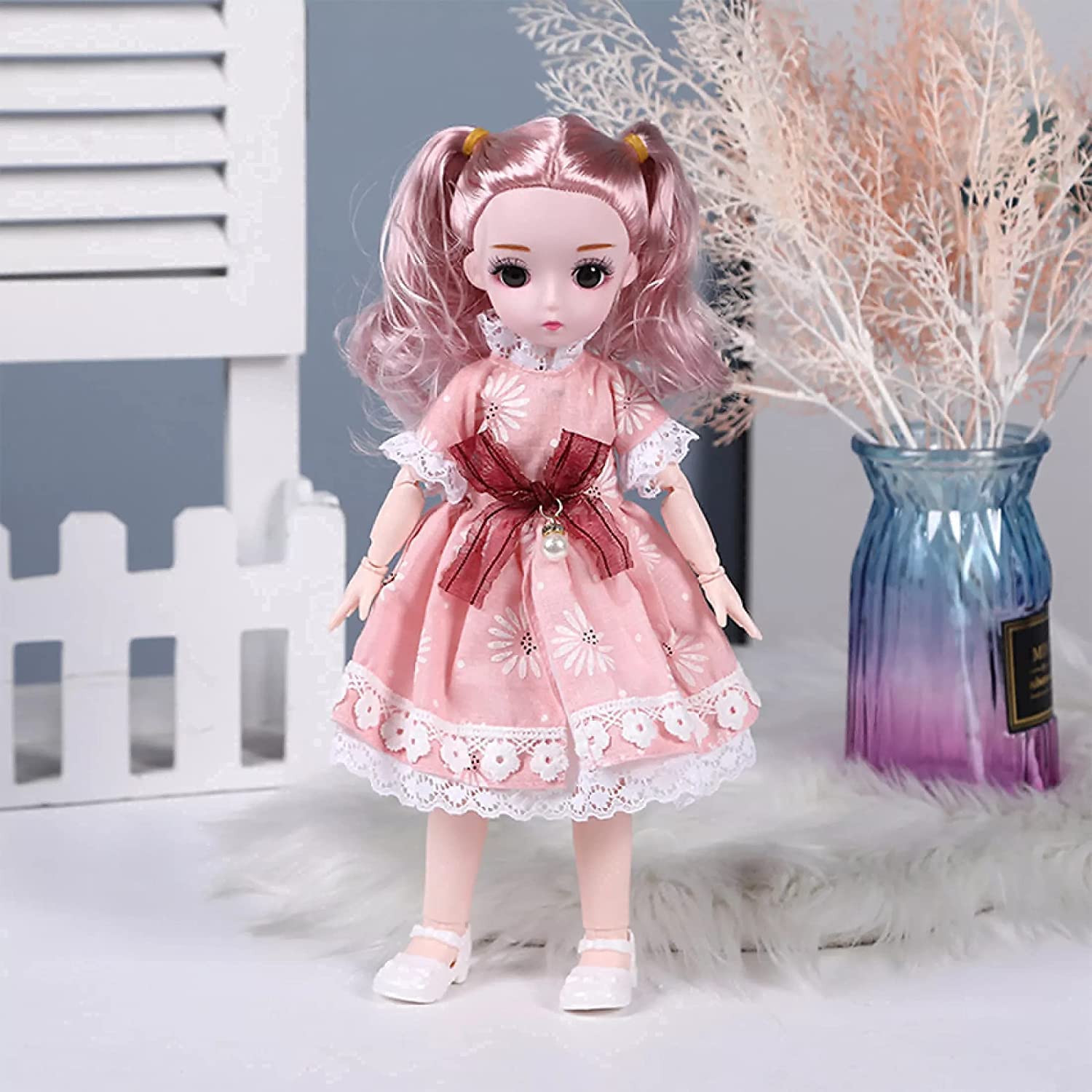 Tickles Set Movable Jointed Makeup Cute Girl Brown Eyes Fashionable Doll Pink Dress for Kids Girls (Size: 30 cm Color: Pink)