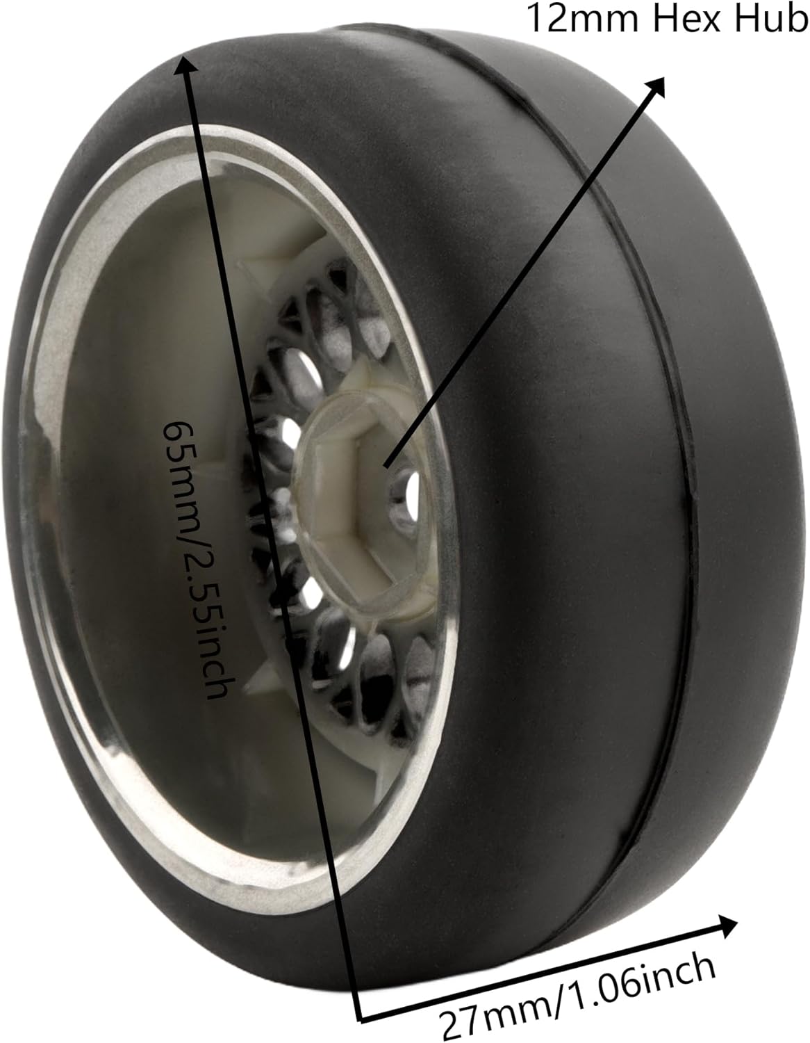 4-Pack RC 1/10 Scale On Road Slick Tires OD2.55 Rubber Wheel Rims 12mm Hex Compatible with Traxxas 4 Tec 2.0 Tamiya TT01 XV01 Kyosho WR8 Sakura WLtoys HPI Touring Racing Car