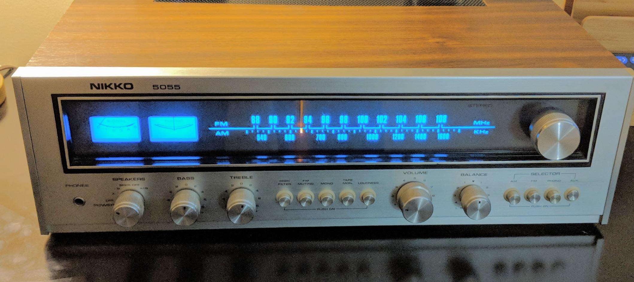 Vintage Pioneer receiver with new warm white LED bulbs installed, showing illuminated display