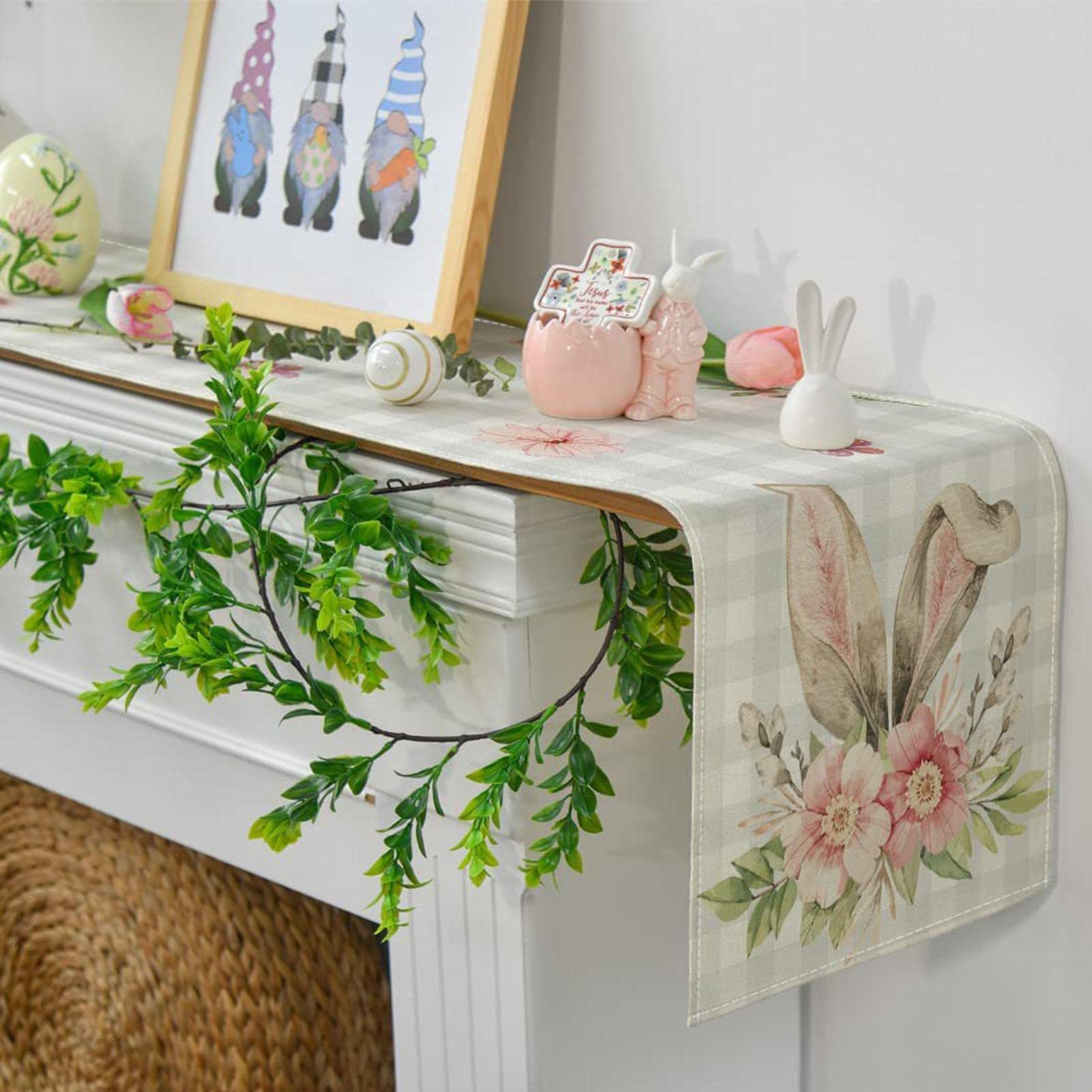 KEVA Runner Da Tavola Pasquale Lungo 182,9 Cm - Ricamato Con Coniglietti Scozzesi, Fiori E Farfalle - 33x183 Cm