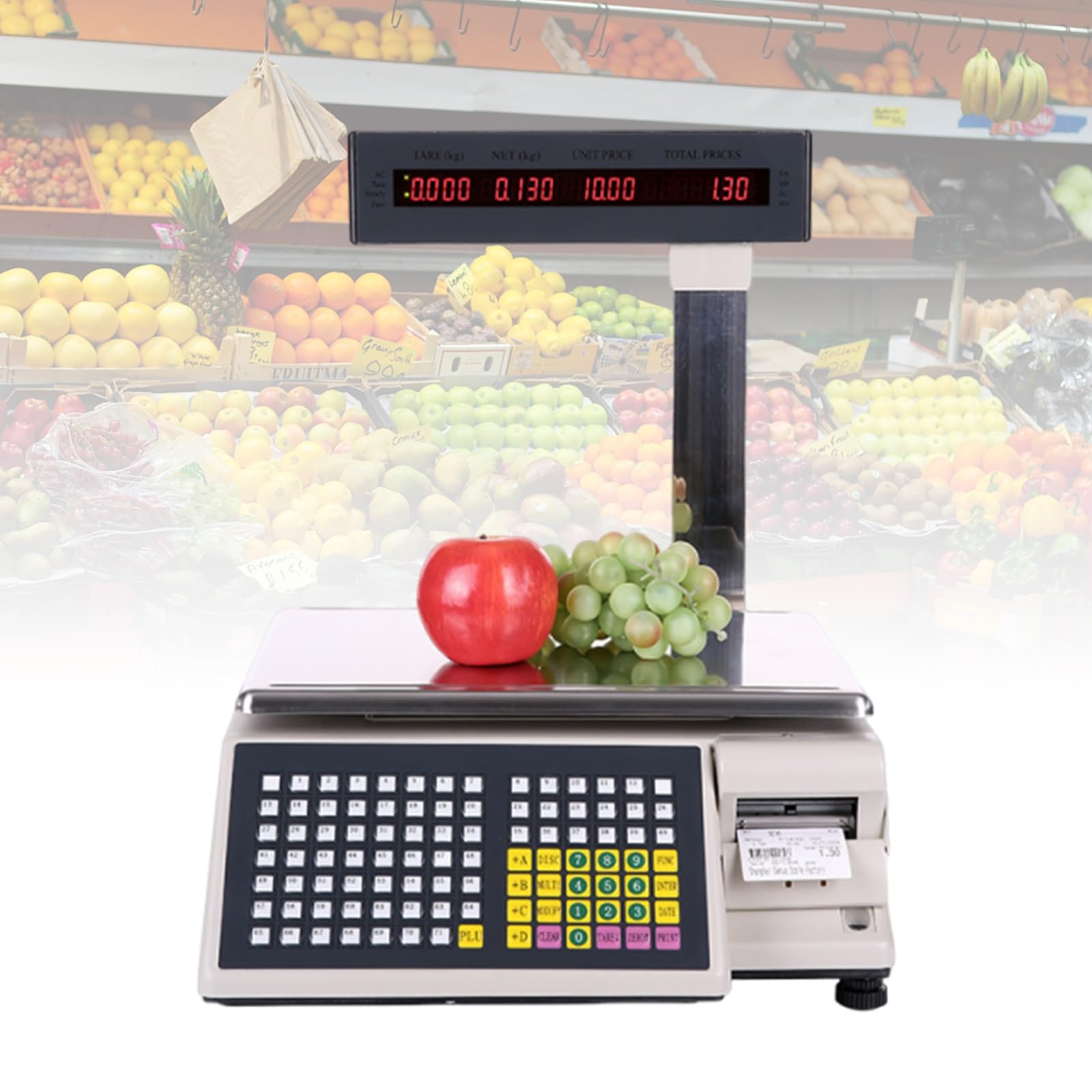 Báscula Electrónica Peso Precio para Tienda, 15kg/30kg Balanza Comercial Profesional con Impresora Ticket Térmico, Pantalla LCD Doble Vista, 71 Teclas Rápidas PLU(15kg/5g)
