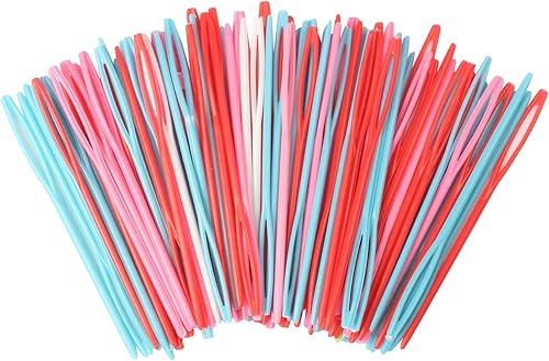 NUTJAM Agujas de coser de plástico de ojo grande de 2.7 pulgadas, 100 agujas de coser de hilo de plástico colorido, agujas de aprendizaje de