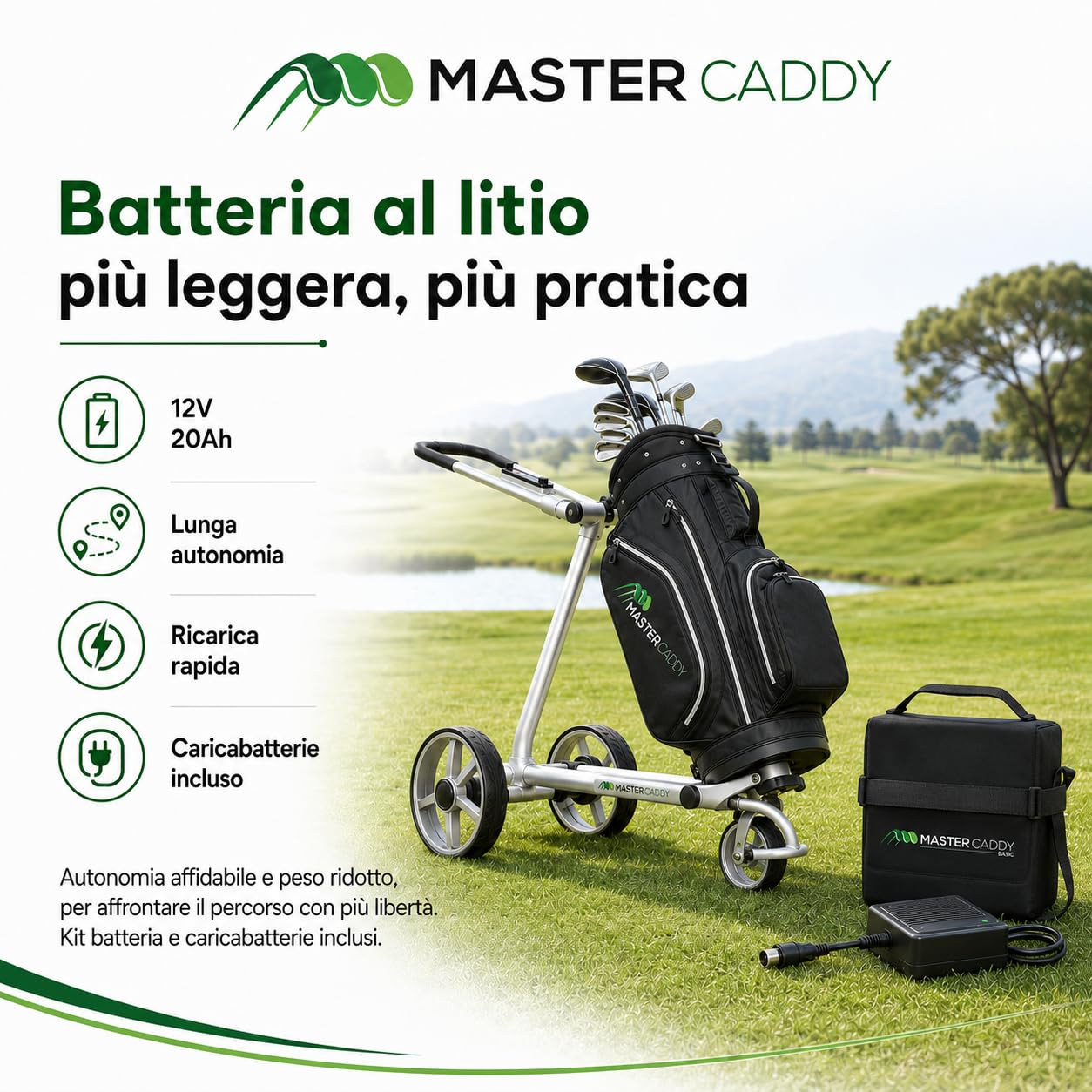 MasterCaddy – Chariot de golf électrique Basic en alliage d'aluminium Lithium, couleur argent, avec batterie au lithium